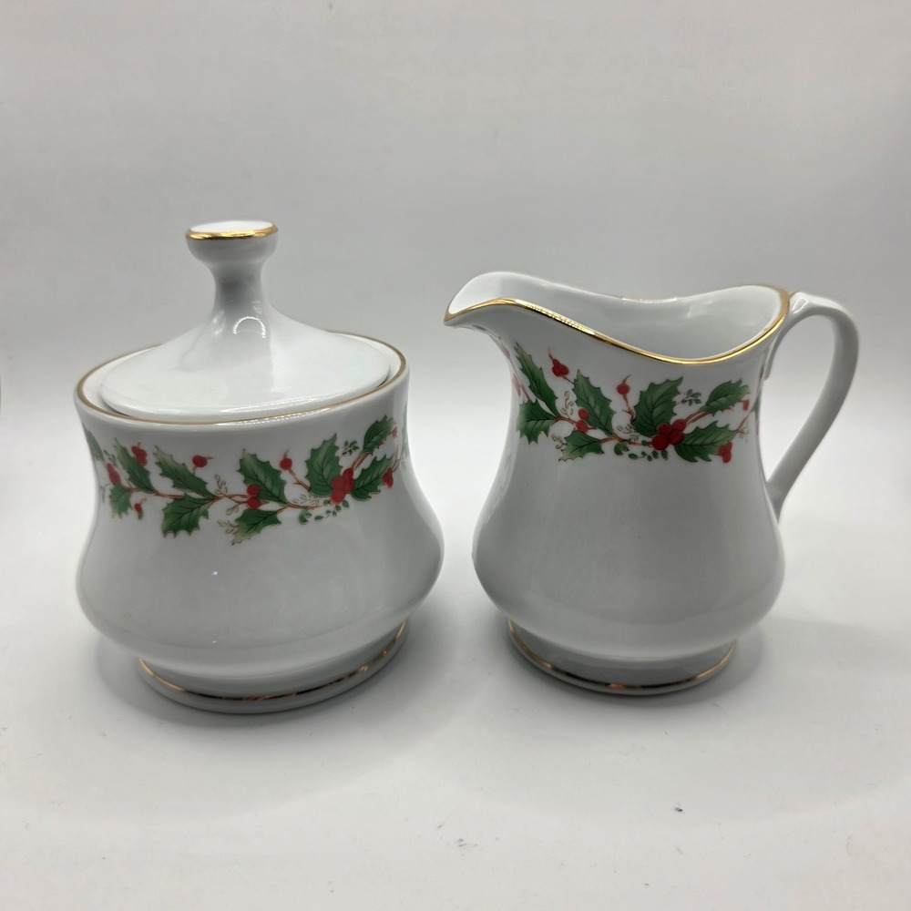 China Pearl Noel Fine China Sugar Bowl and Creamer Set Holly Berry Gold Rim
